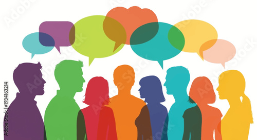 Diverse Group Communication: Colorful Silhouettes with Speech Bubbles Representing Discussion and Social Interaction