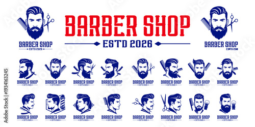 Modern barber shop logo collection featuring stylish bearded man, scissors, comb, and grooming tools in vintage blue and red design