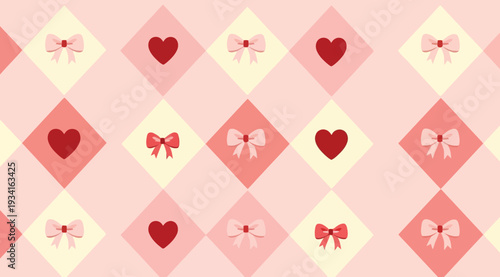 Seamless pattern of hearts and bows on diamond shapes in pastel pink and red hues for valentines day or love themed designs and backgrounds