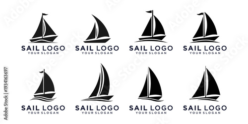 Set of modern sailing boat logos in clean black vector style. Perfect for nautical branding, yacht clubs, marine businesses, and maritime identity design.