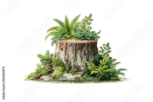 A realistic depiction of a tree stump with vibrant ferns and plants growing around it