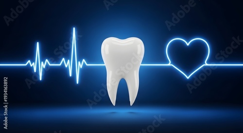 A glowing white tooth with a heartbeat line and heart symbol