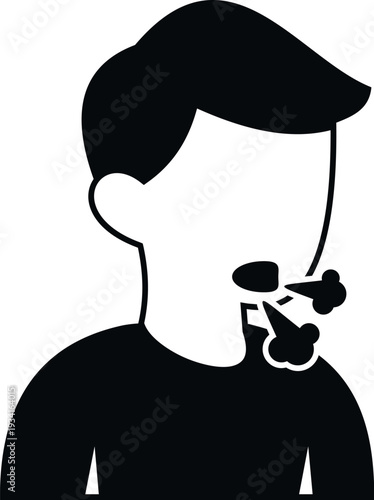 Man with an illness symptom, coughing or sneezing, spreading airborne virus particles