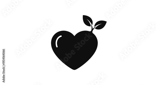 Solid Black Heart Shape with Leaves Symbolizing Natural Love Organic Health and Eco-Friendly Concepts on Isolated White Background