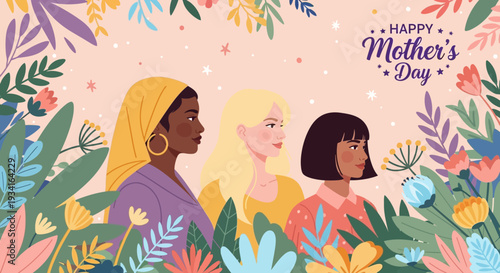 Diverse Women Celebrating Mother's Day Amidst Vibrant Floral Illustration - Unity and Love
