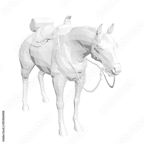 Polygonal horse with a saddle stands isolated on a clean white background. This low poly animal illustration features geometric shapes and a stylized, modern aesthetic.