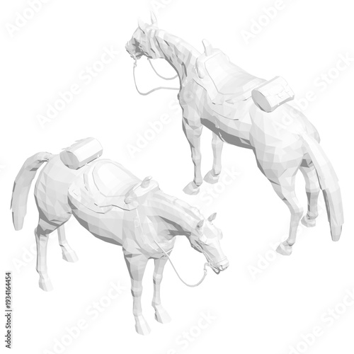 Two white horses with saddles stand side by side in a clean, low polygonal style. This abstract animal set features a minimalist white background and a unique geometric aesthetic.