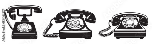 Old phones, vintage phone set from various decades, black and white vector illustrations, retro style technology design