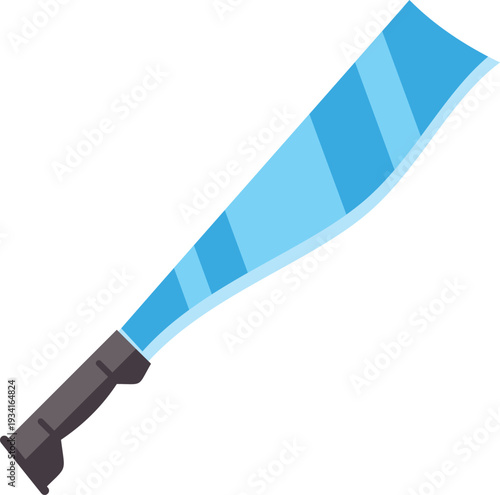 Modern blue curved sword with dark handle displayed on clean white background