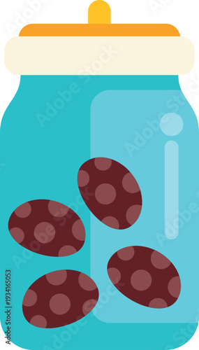 Simple illustration of a glass jar containing dark olives preserved in brine on a white background