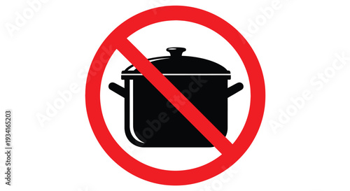 Simple black cooking pot icon crossed out with a bold red prohibition sign vector graphic