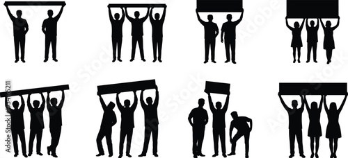 Business people silhouette collection holding blank banners overhead, teamwork collaboration concept vector illustration isolated on white background for advertising and marketing