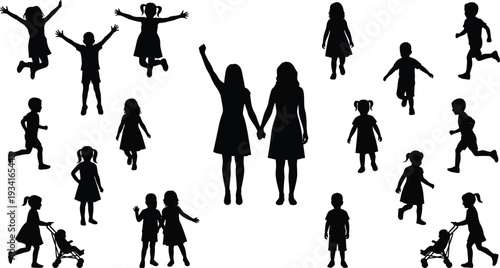 Collection of black silhouettes showing happy mothers holding hands with children playing jumping running and walking with baby strollers in park