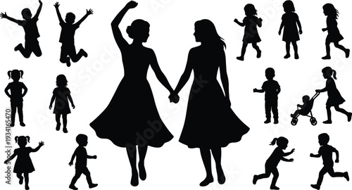 Diverse silhouettes of happy mothers holding hands with joyful children playing jumping and running in a large family gathering set