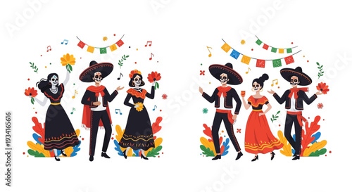 Vibrant Day of the Dead Celebration: Mexican Sugar Skull Characters, Mariachi & Traditional Dancers