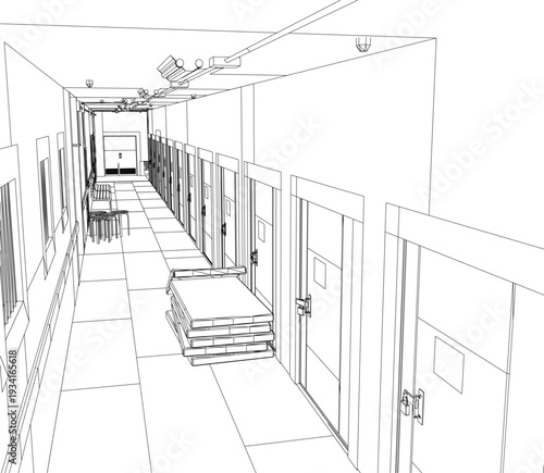 A stark hospital hallway in black and white contour drawing, featuring a long perspective of doors, ceiling lights, and scattered chairs and tables.