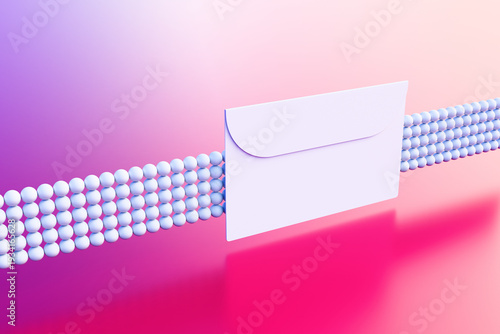 An envelope with a letter on an abstract background of lines and spheres. 3D rendering illustration.