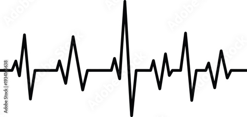 Black heartbeat line illustration, medical EKG pulse wave, cardiogram heart rate monitor concept, health and fitness symbol isolated on white background