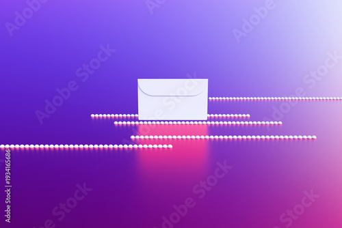 An envelope with a letter on an abstract background of lines and spheres. 3D rendering illustration.