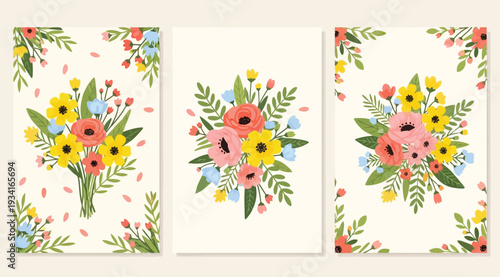 Three colorful floral paintings on canvas with vibrant flowers and leaves on a beige background