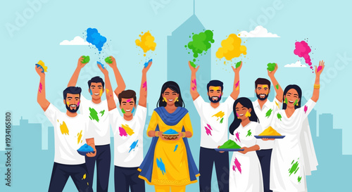 Joyful Group Celebrating Holi Festival with Vibrant Colors and Gulal Powder in City Landscape