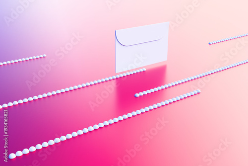 An envelope with a letter on an abstract background of lines and spheres. 3D rendering illustration.