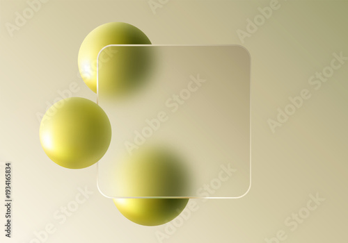 Glass morphism landing page with a square frame. Vector illustration with floating spheres.