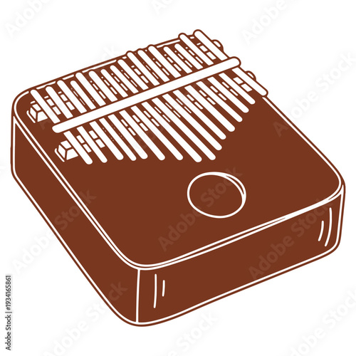 Illustration of a Mbira or Kalimba Thumb Piano Music Instrument with Brown Coloration and White Accents for Musical Creativity