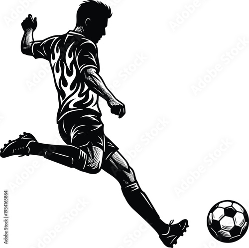 Dynamic black and white vector illustration of a professional soccer player in flame jersey kicking ball isolated on white background
