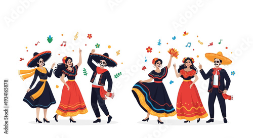 Vibrant Dia de los Muertos Dancers: Festive Mexican Folkloric Celebration with Sugar Skull Characters, Traditional Costumes, Music & Fiesta Spirit.