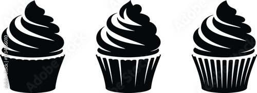 Collection of black cupcake silhouettes and sweet dessert icons for bakery logos, pastry menu designs, food labels, party invitations, and decorative graphic illustrations,
