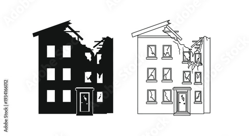 Damaged buildings a black silhouette and a white line drawing