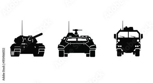 Three black silhouettes of military vehicles tank apc and truck