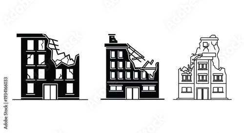 Black and white illustration depicting three stages of building collapse