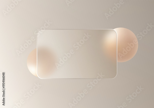 Banner template in the glass morphism style. Transparent glass rectangle with a blur effect and spheres.