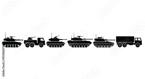 Black silhouette illustration depicting a military convoy of vehicles