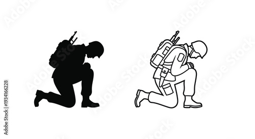 Soldier kneeling in silhouette and outline depicting military posture