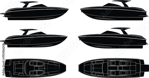 Collection of black yacht and speed boat silhouettes in side and plan views for architectural site plans, marine maps, and coastal cad drawings,