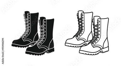 A pair of black combat boots depicted in a simple line drawing style
