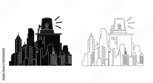 City skyline illustration with a lighthouse shown in dual color schemes