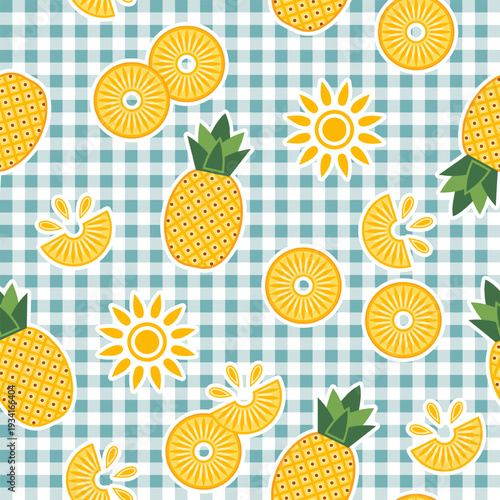 Seamless pineapple pattern on checkered gingham background with randomly scattered juicy slices. Flat minimalistic illustration. Ideal for food packaging, kitchen textiles, rustic branding.