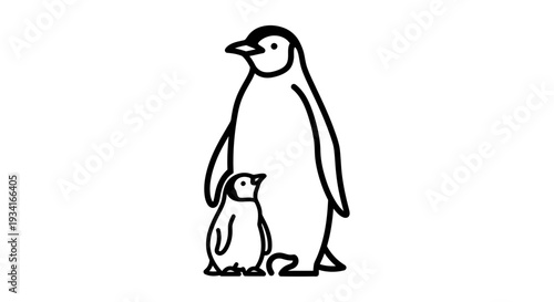 Simple black and white illustration of a penguin and its chick standing together.