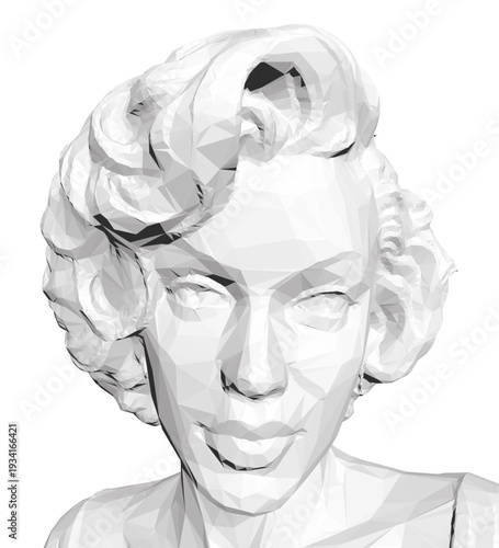 A low poly black and white bust sculpture of a woman, featuring intricate polygonal details against a stark white background.