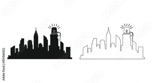 City skyline with two types of styles of sirens and lights in photographs