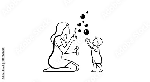 Mother and child playing with bubbles together happily.