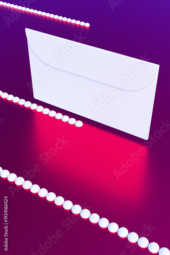 An envelope with a letter on an abstract background of lines and spheres. 3D rendering illustration.