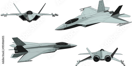 Collection of flat vector fighter jet illustrations in various flight angles for military aviation diagrams, aerospace engineering plans, and modern combat aircraft cad drawings,