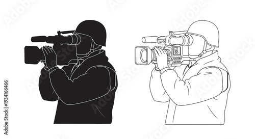 Two depictions of a cameraperson wearing protective gear black and white