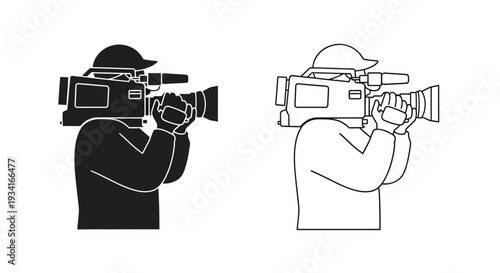 Two depictions of a videographer operating a professional camera setup