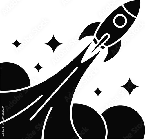 Rocket launch vector icon with smoke clouds and stars, startup concept flat illustration. Business startups, innovation, and the ambitious pursuit of goals.